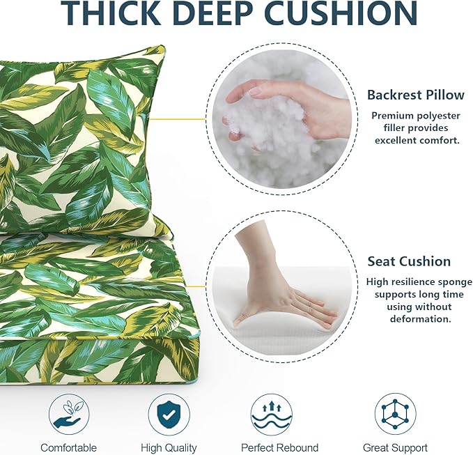Outdoor Deep Seat Cushion Set, Water Repellent 24"x24" Patio Thick Cushions Replacement with Seat & Back Pillow for Patio Sofa, Wicker Chair, Couch - Lush Leaf Jungle