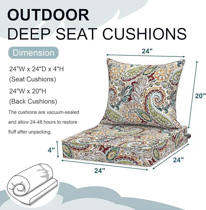 Outdoor Deep Seat Cushion Set, Water Repellent 24"x24" Patio Thick Cushions Replacement with Seat & Back Pillow for Patio Sofa, Wicker Chair, Couch - Paisley Chilli