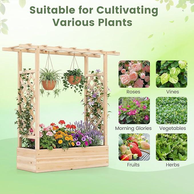 Raised Garden Bed with Trellis, Wood Planter Box w/Trellis, Hanging Roof, Drainage Holes, Freestanding Planter Raised Bed for Outdoor Climbing Plants Flowers, Patio Yard Balcony (1, Natural)