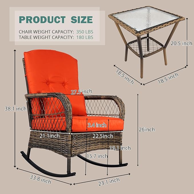 Wicker Rocking Chairs Set of 2, Rattan Patio Rocking Chairs, All-Weather Rocking Lawn Wicker Furniture for Porch Deck Garden Backyard(Red)