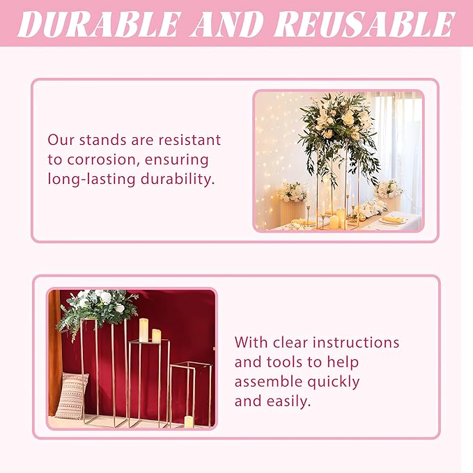 3PCS Cylinder Pedestal Stands for Parties, Square Gold Metal Plant Cylinder Stands for Party Flowers, Display Columns Pedestal Stand Cylinder Tables for Vases Birthday Party Decorations