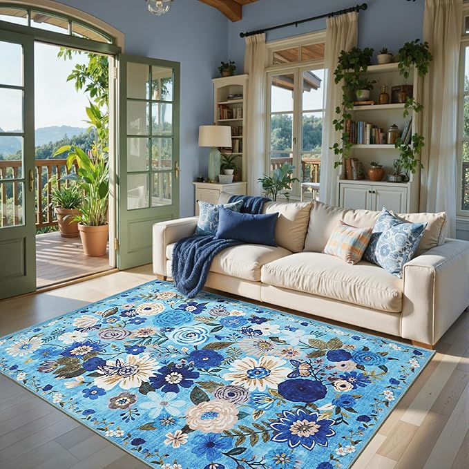 Living Room Rugs, Area Rugs 5x8 Rug for Bedroom Ultra-Thin Soft, Non-Slip Washable Rugs Stain Resistant Boho Rug Low-Pile Throw Rug for ‎Dining Room Office (5 x 8, Blue Garden)