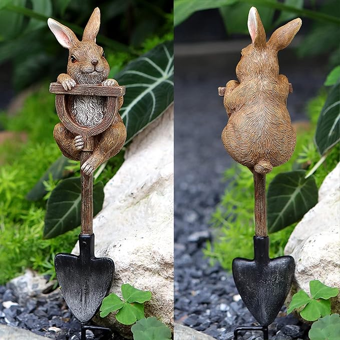 Bunny Statue Whimsical Garden Decor for Outside, Resin Bunny Rabbit Figurine on Shovel, Outdoor Lawn Decoration Garden Bunnies Figurine for Patio Yard Front Porch, Easter Decor