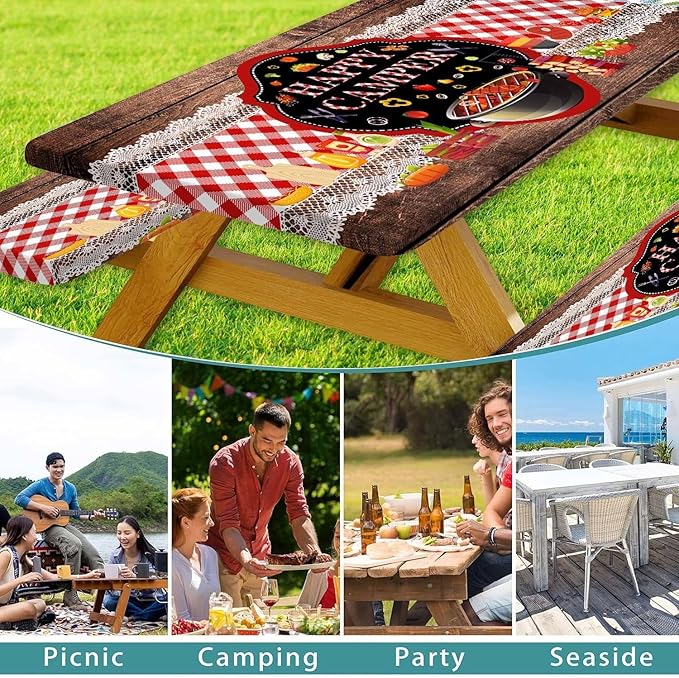 Happy Camper Picnic Table Cover with Bench Covers Elastic Edges, Wooden Red Plaid Fitted Table Cover, Outdoor Patio Camping Essentials 96 Inch 3PCS, Waterproof Fitted Tablecloth with Drawstring Bag
