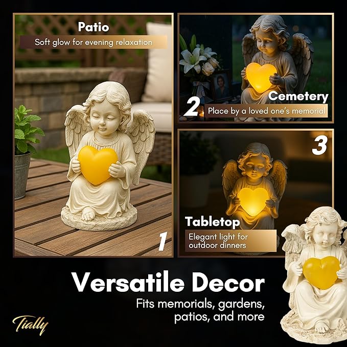 TIALLY Solar Garden Angel Statue – Praying Guardian Angel Statue Light for Outdoor Yard Decor, Resin Garden Sculpture with Soft Glow for Angels Memorial or Cemetery Use