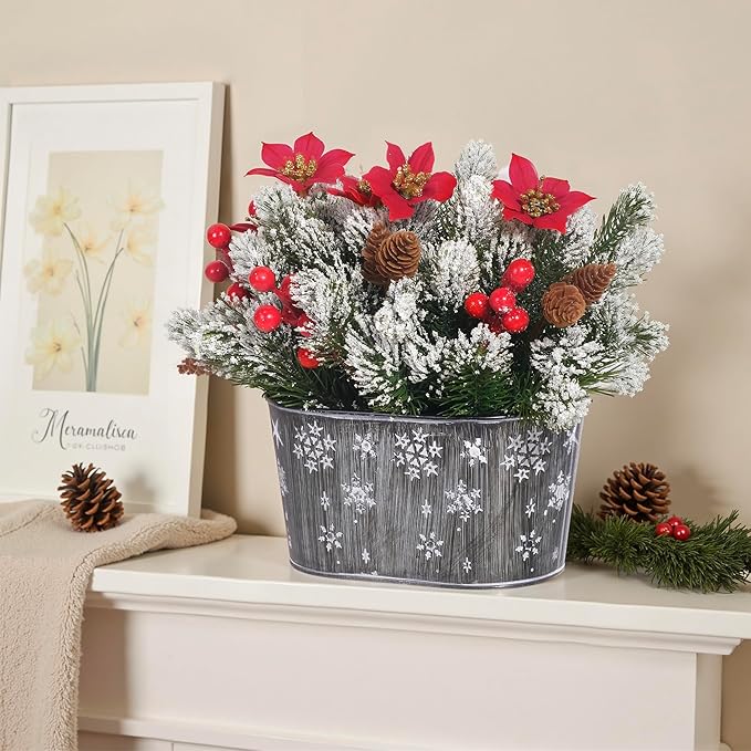 Christmas Centerpiece Table Decorations, Artificial Norfolk Pine with Poinsettia Flowers, Pine Cones & Berries in Metal Planter, Dining Table & Coffee Table Centerpiece for Christmas Décor, 1-Pack