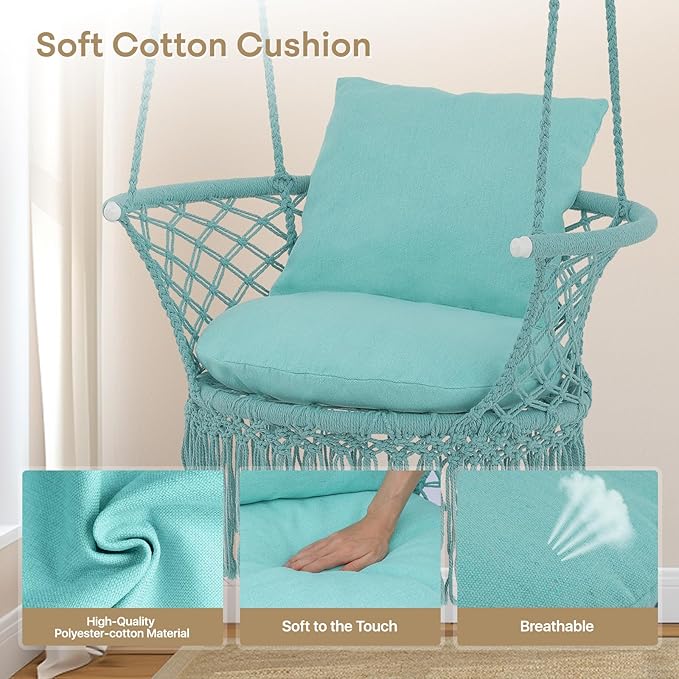 Athena Collection Hammock Swing Chair with Cushion, Outdoor Macrame Chair with Mounting Hardware, Max 350 Lbs, Large Cotton Rope Hanging Chair for Outdoor Indoor Porch Garden, Green