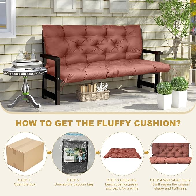 60" Porch Swing Cushion with Backrest, Waterproof Outdoor Bench Swing Cushions 3 Seater Replacement Thickened Swing Cushions with Ties for Patio Garden Backyard,Coffee,60x40in