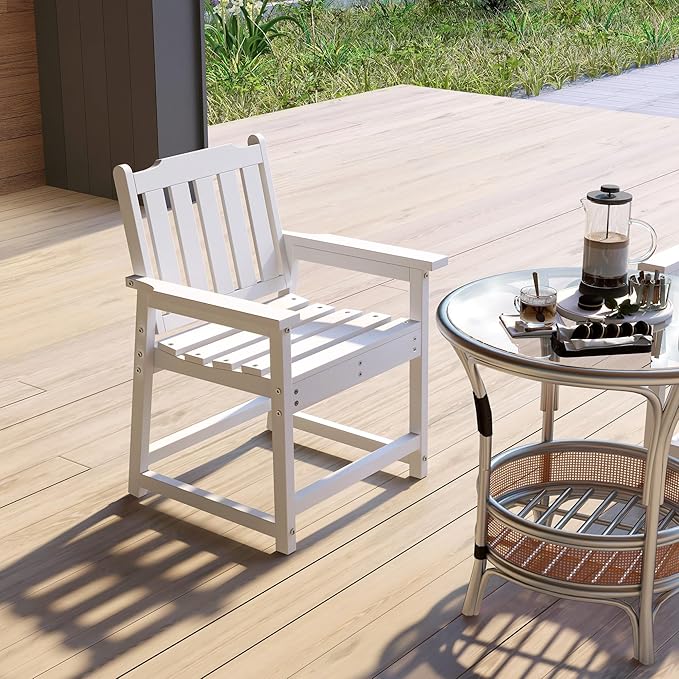 Outsunny All-Weather Patio Chair, HDPE Patio Dining Chair, Heavy Duty Wood-Like Outdoor Furniture for Garden, Backyard, Deck, Porch, Lawn, White