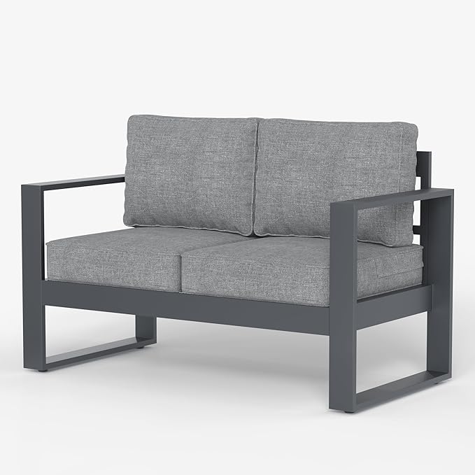 LayinSun Outdoor Patio Aluminum Loveseat, Metal Modern 2-Seat Sofa with Washable Thick Cushions