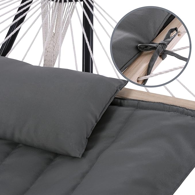 SUNCREAT Hammocks 2 Person Hammock with Hardwood Spreader Bar, Double Rope Hammock with Polyester Pad, Dark Gray