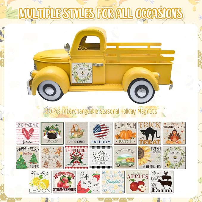 Easter Decorations 13.4 Inch Farmhouse Vintage Truck with 20 Magnets Interchangeable Seasonal Decor Rustic Metal Pickup Spring Holiday Easter Centerpieces for Tables Home Garden, Yellow