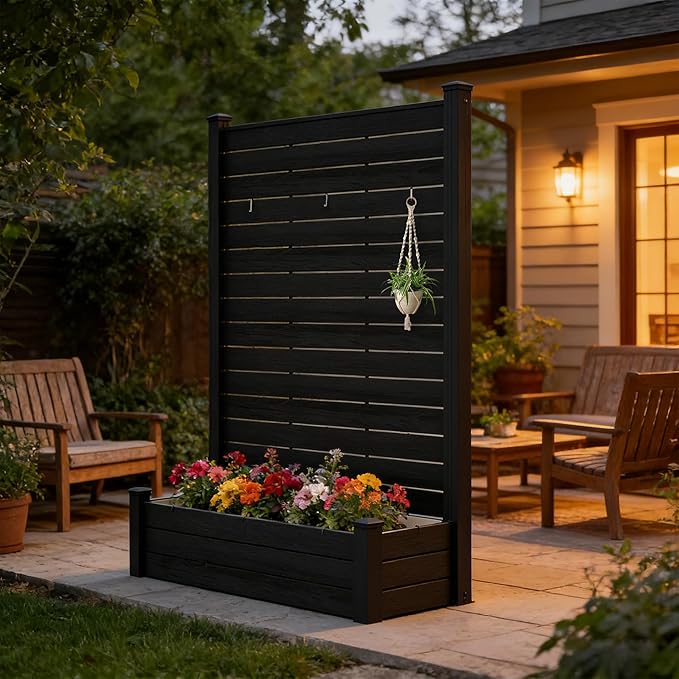 Kozyard Privacy Screen with Planter, 70" H x 51" W Outdoor Garden Screen, Waterproof Aluminum Frame with Thick Wood-Plastic Boards, Decorative Privacy Screen for Patio, Balcony & Backyard Gray