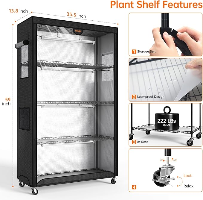 Bstrip Indoor Greenhouse with Grow Light, Plant Shelf with Oxford Fabric Grow Tent, Indoor Greenhouse Cabinet for Indoor Plant, Seed Starting, Seed Tray, 35.4"x13.8"x59"