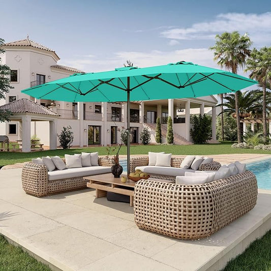 15FT Double Sided Patio Umbrella with Base Included Large Outdoor Market Umbrella with Crank Handle, UV Resistant Canopy, Sturdy Frame for Garden, Poolside, Deck, Turquoise Blue