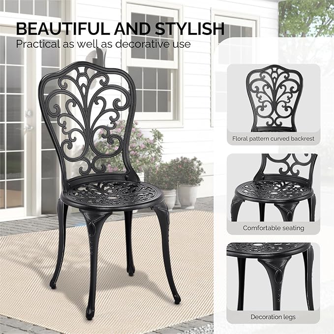 Outvita Patio Table and Chairs Set, Cast Aluminum Outdoor Cafe Table and Chairs Set of 3, Stability Patio Bistro Sets with Umbrella Hole for Garden, Patio, Balcony, Butterfly Pattern Black