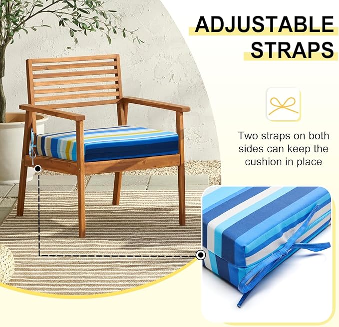 downluxe Outdoor Chair Cushions Set of 4 for Patio Furniture, Water-Resistant Square Corner Patio Chair Cushions with Ties, High Density Foam Outdoor Seat Cushion, 18.5" X 16" X 3", Blue Stripes