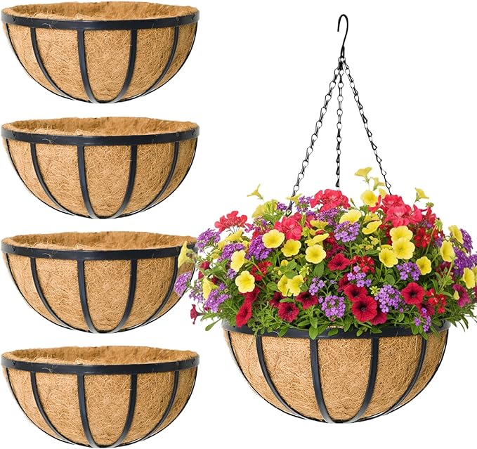 4 Pack 14 Inch Round Hanging Basket with Coco Liners， Metal Hanging Baskets for Plants Outdoor， Hanging Planter with Chain Garden Products for Outdoor, Porch, Lawn, Garden