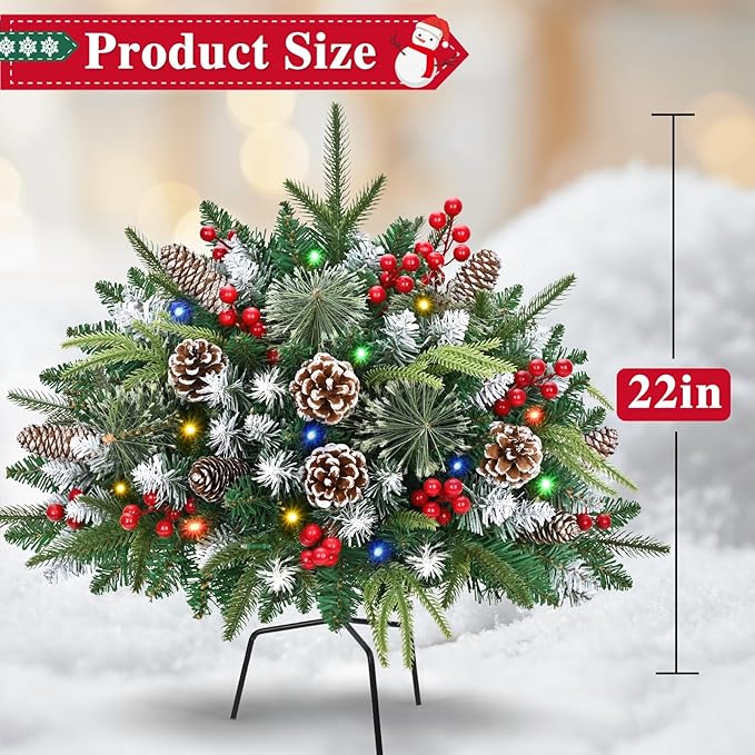 Waipfaru 2 Pack Prelit Planter Bushes, Outdoor Christmas Urn Filler with Lights, 22 Inch Artificial Christmas Tree for Front Porch, Pot, Holiday Planter Filler Outdoor