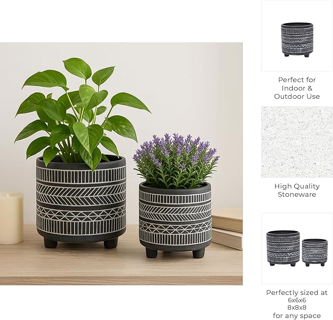 Set of 2 Tribal Look Footed Decorative Planter Pot – Ceramic Stoneware Outdoor and Indoor Plant Pot – Modern Garden and Home Decor Planters – 6" and 8", Black