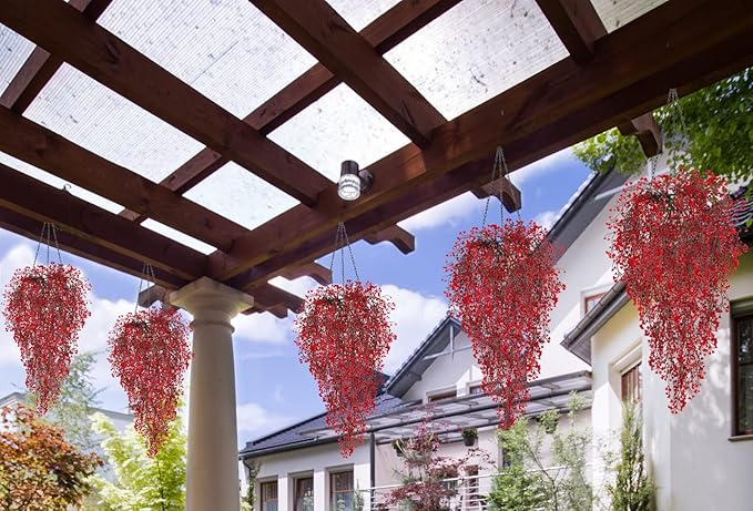 RECUTMS 4 Pcs Faux Hanging Vines Ferns Artificial Hanging Plants Fake Ivy Wall Plants Decoration for Indoor Outdoor Valentines Day Patio Garden Wedding Balcony Christmas Party Home Spring(Red)