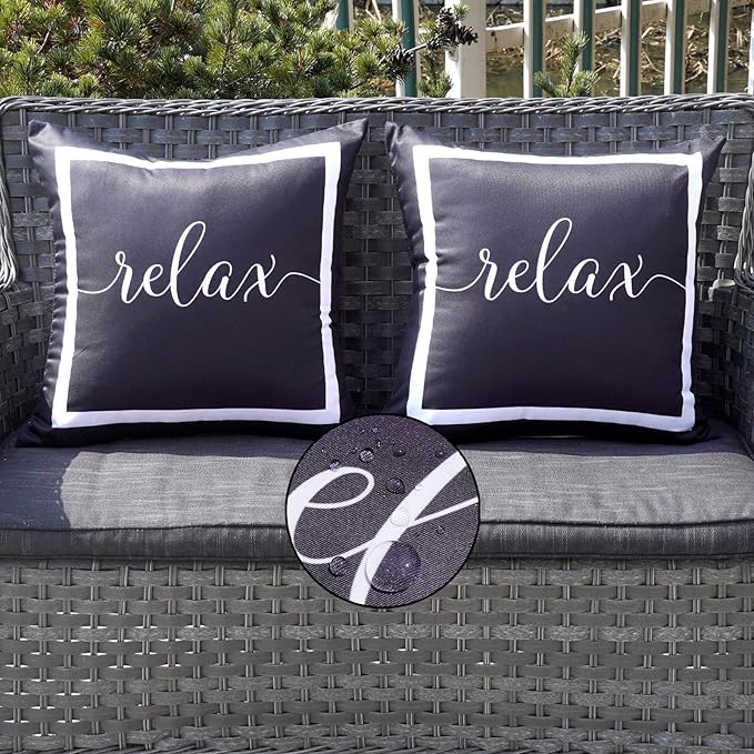 ONWAY Outdoor Waterproof Throw Pillow Covers 20x20 Set of 2 Black and White Relax Decorative Pillowcase for Patio Furniture