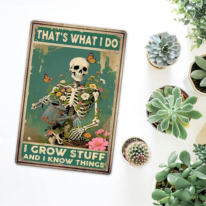 Retro Skull Garden Metal Signs Vintage Skull Poster Gardening Sign - That's What I Do I Grow Stuff and I Know Things Sign, Wildflower & Butterfly Wall Decor for Home Kitchen Farm Garden Gift 8x12inch