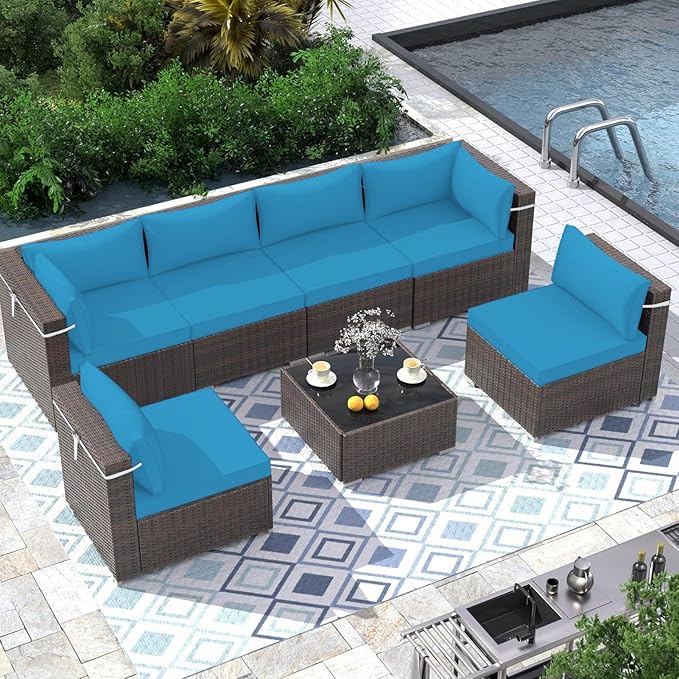 Outdoor Sectional Cushions Replacement Set, 26x26in Patio Furniture Cushions, 14 Pieces Waterproof Outdoor Couch Cushion for 6 Seat Wicker Conversation (Sky Blue)