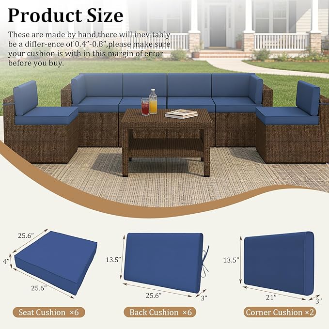 14 Pcs Outdoor Replacement Cushions for Patio Furniture, All Weather Water Resistant Cushion for 6 Seat Rattan Wicker Sectional Patio Conversation Sets and Couch (Light Blue)