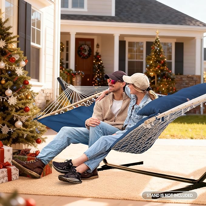 SUNCREAT Hammocks Outdoor Double Hammock with Hardwood Spreader Bar, 475 lbs Capacity, Heavy Duty 15 FT Hammock with Large Soft Pillow, Dark Blue