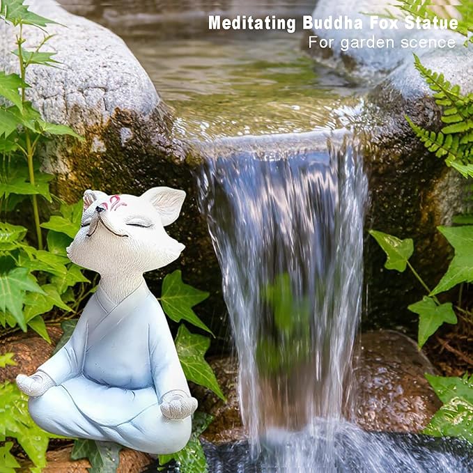 Meditating Buddha Fox Statue Resin Zen Animal Sculpture Yoga Figurines Indoor Outdoor Fengshui Decor for Patio Garden Yard Lawn Tabletop Planter Ponds Pot Bookshelf Ornaments Gifts White