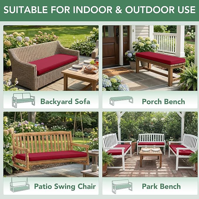 Outdoor Bench Cushion: Waterproof and Fade Resistant Patio Furniture Cushions - Non-Slip Bench Pad Cushion with Removable Cover for Garden Swing Porch Sofa Settee, 42 x 18 Inch, Burgundy