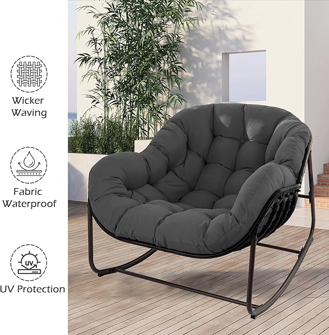 Papasan Rocking Chair, Oversized Papasan Chair with Cushion and Frame for Indoor& Outdoor,Egg-Shaped Patio Rocking Chair for Garden, Deck, Living Room, Light Grey