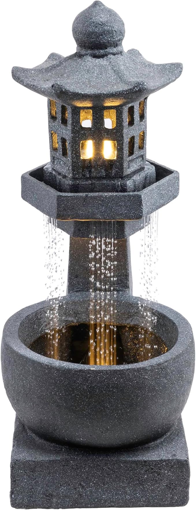 Alpine Corporation DIG370 31" Outdoor Zen Pagoda Water Fountain with LED Lights & Illuminated Stone Bowl – Tranquil Garden Water Feature for Relaxation and Ambiance, Gray