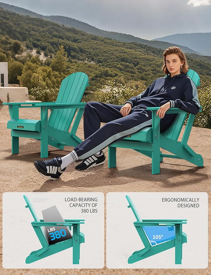 Carauci Plastic HDPE Adirondack Chair, Folding Adirondack Chair Weather Resistant with Cup Holder, Wooden Textured Fire Pit Outdoor Chair for Garden, Porch, Lawn, Backyard, Supports 380LBS, Lake Blue