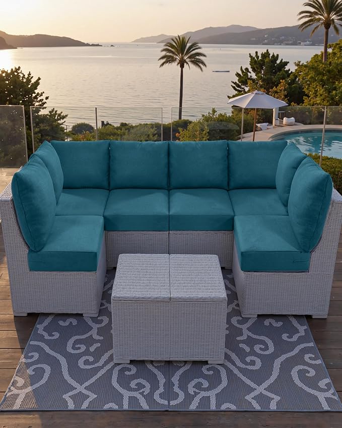 Luxury 24x24x6 Outdoor Seat Cushions for 6-Seat Sectional Sofa Set of 6 - Water-Repellent 14-Piece Patio Cushion Set for Outside Rattan Loveseat Chair L-Shape Couch - Peacock Blue/Classic