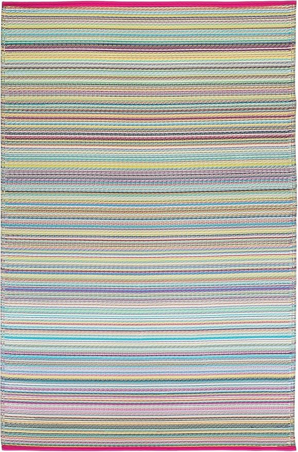 Fab Habitat Outdoor Rug - Waterproof, Fade Resistant, Crease-Free - Premium Recycled Plastic - Striped - Porch, Deck, Balcony, Mudroom, Laundry Room, Patio - Cancun - Candy - 8 x 8 ft Square