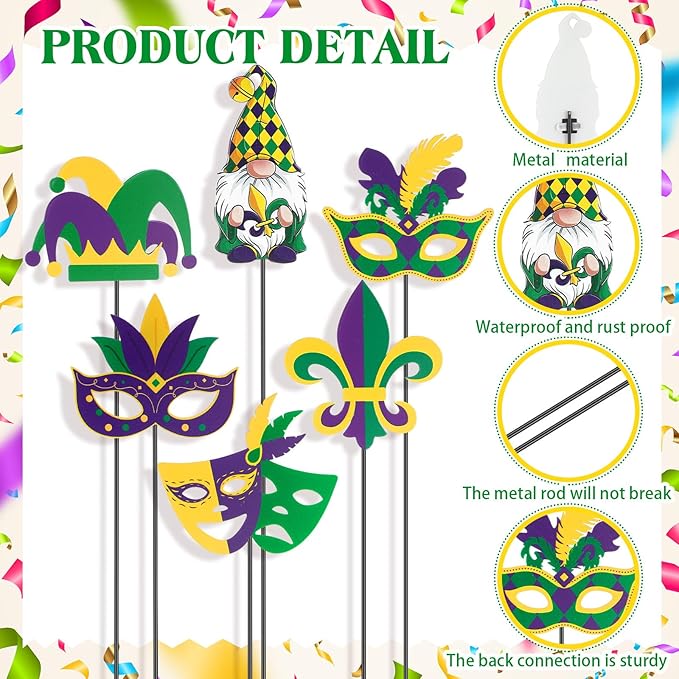 Pickmesh 6 Pcs 12" H Mardi Gras Metal Yard Sign Metal Yard Sign Barn Garden Stake for Mardi Gras Planter Pot Walkway Pathway Outdoor Decor Lawn Decoration