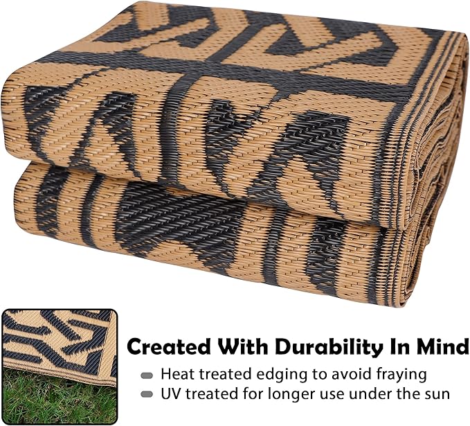 SAND MINE Reversible Mats, Plastic Straw Rug, Modern Area Rug, Large Floor Mat and Rug for Outdoors, RV, Patio, Backyard, Deck, Picnic, Beach, Camping, Trailer, Black & Brown, 5' x 8'