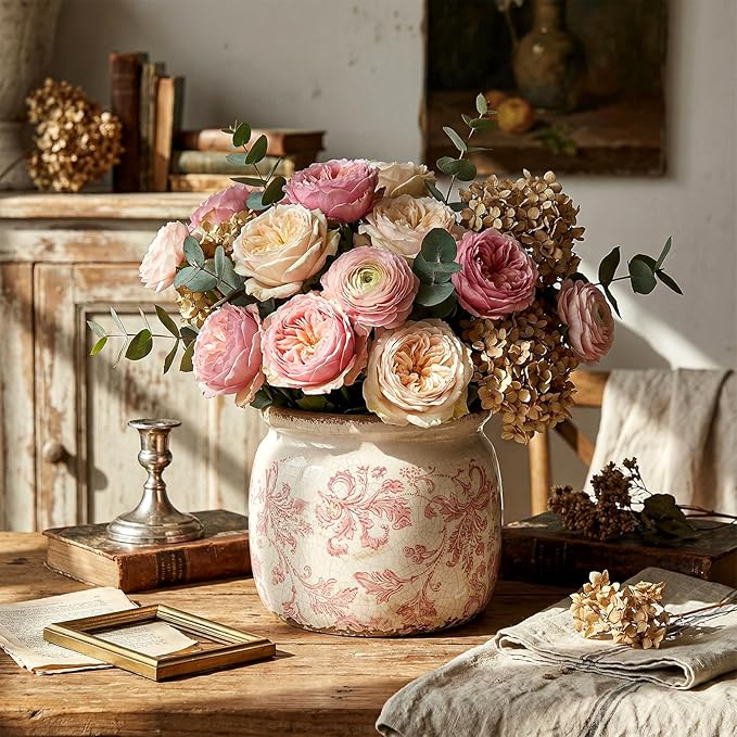 Vintage Planter Large Ceramic Plants Pot Pink Floral Scroll Ice Crack Cottage Scroll Vase Flower Vase Pot Indoor Plants Home Kitchen Decor Farmhouse Antique Decorative Gifts