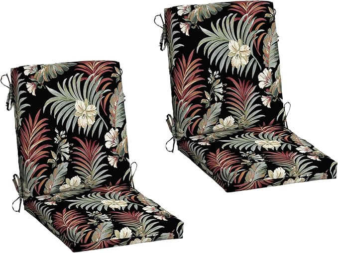Arden 2-Pack Outdoor Patio Dining Chair Cushion, 20x44, Rain-Proof Seat Pad, Fade-Resistant Outdoor Cushion Simone Black Tropical