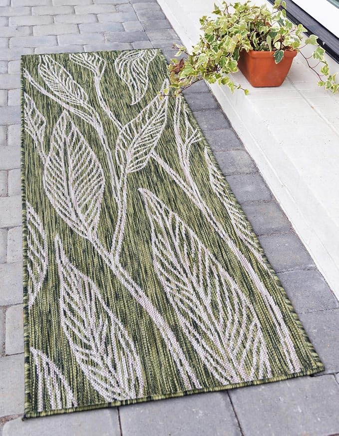 Unique Loom Outdoor Botanical Collection Area Rug - Leaf (2' x 6' 1" Runner, Green/ Ivory)
