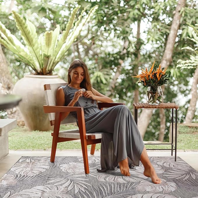 CAMILSON Indoor Outdoor Rug, Beige 5x7 Leaf Tropical Botanical Area Rugs for Indoor and Outdoor patios, Easy-Cleaning Non-Shedding Living Room, Garden and Kitchen Washable Outside Carpet (5 x 7)