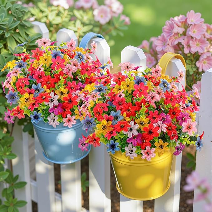 SHareconn 24 Bundles Artificial Flowers for Outdoors Spring Decoration, Fake Silk Realistic Faux Plants UV Resistant for Outside Planter Porch Patio Summer Indoor Decor, RedRosePurpleYellowPinkBlue