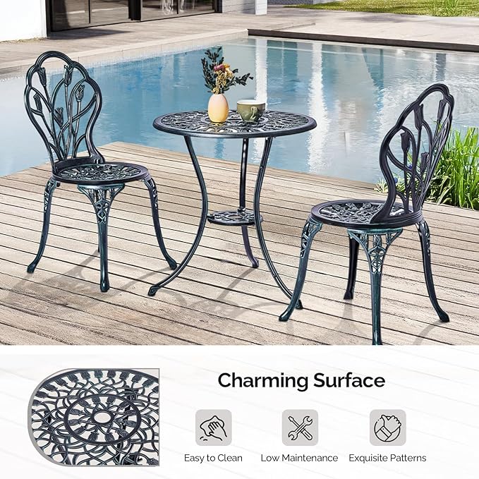 Outvita Patio Table and Chairs Set, Cast Aluminum Outdoor Cafe Table and Chairs Set of 3, Stability Patio Bistro Sets with Umbrella Hole for Garden, Patio, Balcony, Tulip Pattern Verdigris