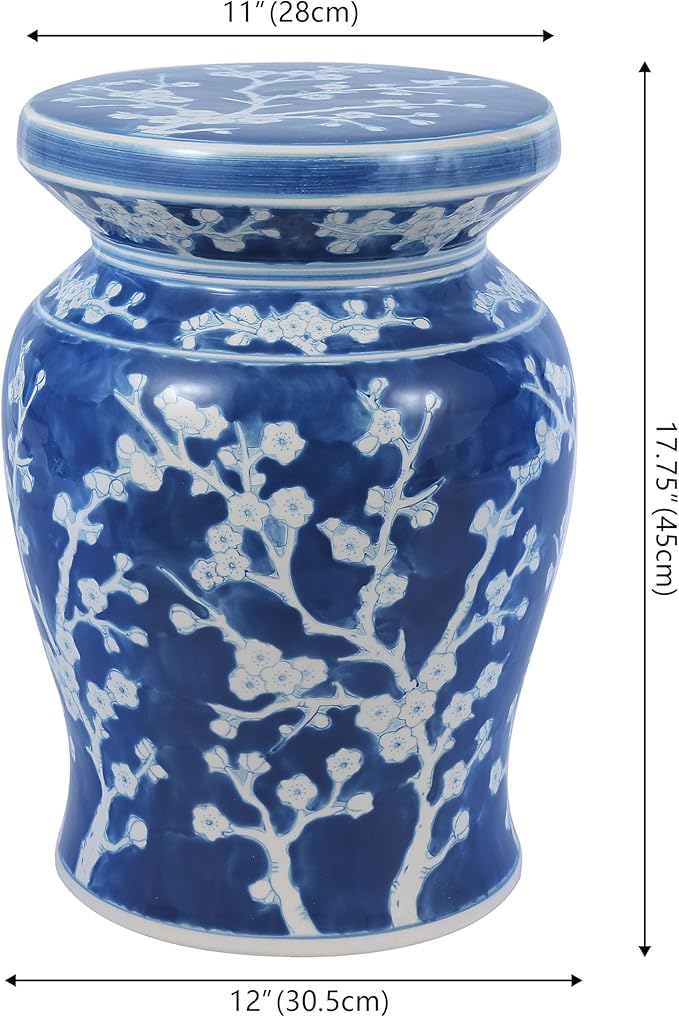 JONATHAN Y TBL1017D Cherry Blossom 17.75" Ceramic Indoor/Outdoor Garden Stool Coastal, Contemporary, Transitional, Patio, Garden Room, Bathroom, Living Room, Blue/White