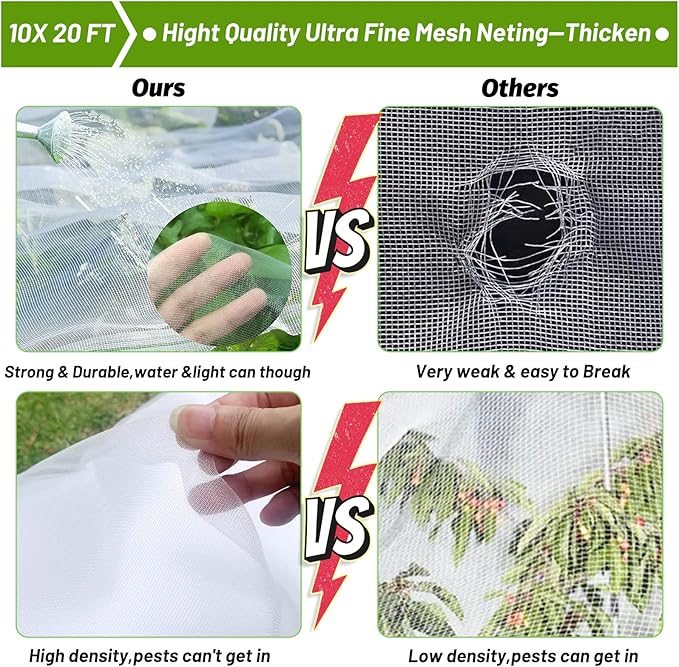 Cludoo 67pcs Garden Mesh Netting Kit,6 Sets Wide Garden Hoops with 10x20 ft Garden Covers Bird Netting& 12 Clips, Garden Protection for Raised Beds Greenhouse Vegetable Plants Flowers Animals
