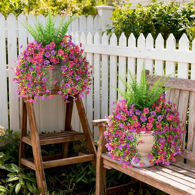 Artificial Fake Hanging Flowers for Outdoors, Silk Daisy with Articial Boston Ferns Plants Set, Realistic Spring Fake Outdoor Flowers UV Resistant Porch Patio Yard Decor
