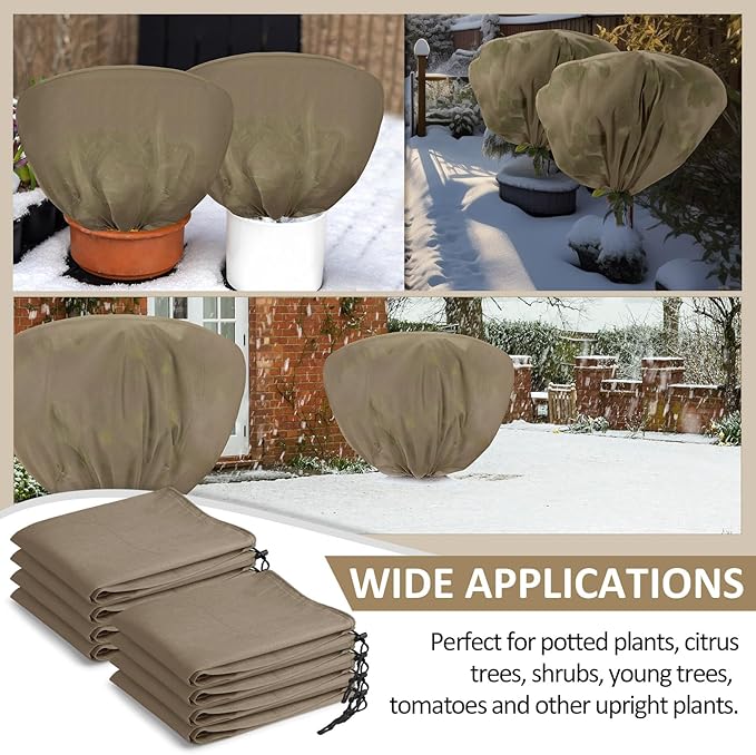 12 Pcs Winter Plant Covers Freeze Protection 39.4x23.6 Inch Horizontal Shrub Tree Rose Plant Protection Bags Frost Blanket with Drawstring for Fall Winter Outdoor Garden Planting (Brown)