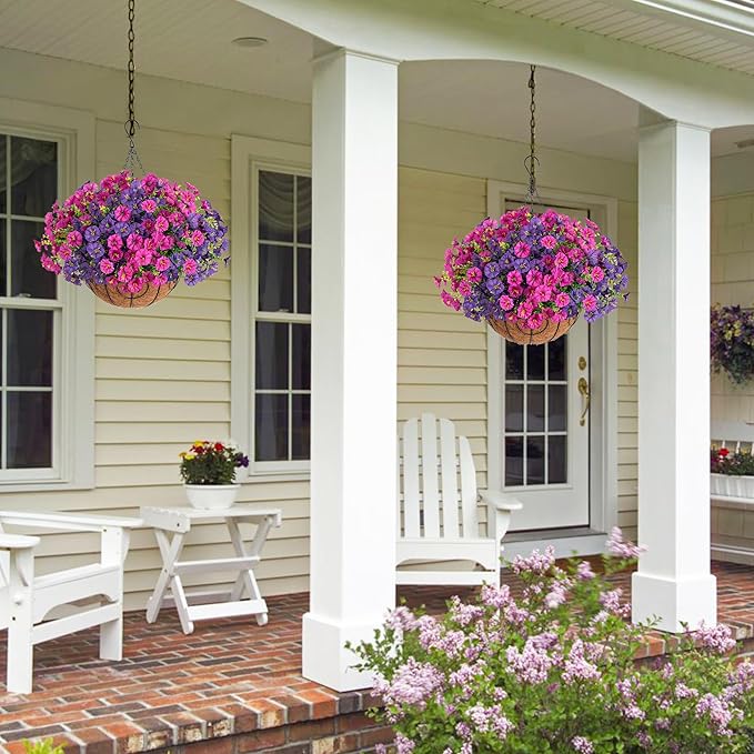 Ivydale 2 Set Artificial Flowers Hanging Baskets for Outdoors Fake Spring Plants, 24 Pcs UV Resistant Faux Silk Morning Glory with 2 Hanging Planters Look Real for Outside Porch Patio Outdoor Decor
